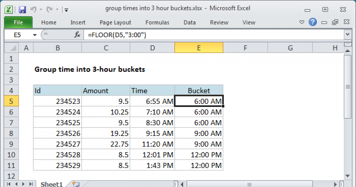 Group times into 3 hour buckets Excel formula Exceljet